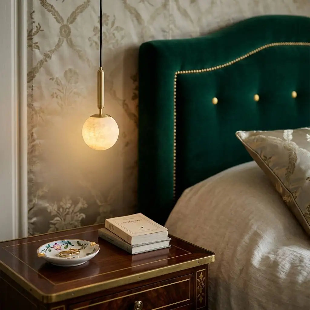 Textured Alabaster Globe Pendant Light, Brushed Brass Stem, Warm Veined Glow, D12 H31cm, Integrated LED, Bedside, Bedroom & Hallway