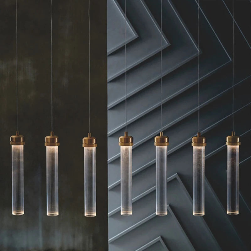 Fluted Clear Glass Cylinder Pendant Light, Chrome Cap Finish, Black Cable Suspended, Contemporary Style, Kitchen Island & Hallway