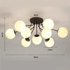 Opal Glass Globe Burst Semi Flush Ceiling Light, 9 Globes on Matt Black Branching Arms, Wide Arm Spread, Living Room, Bedroom & Hallway