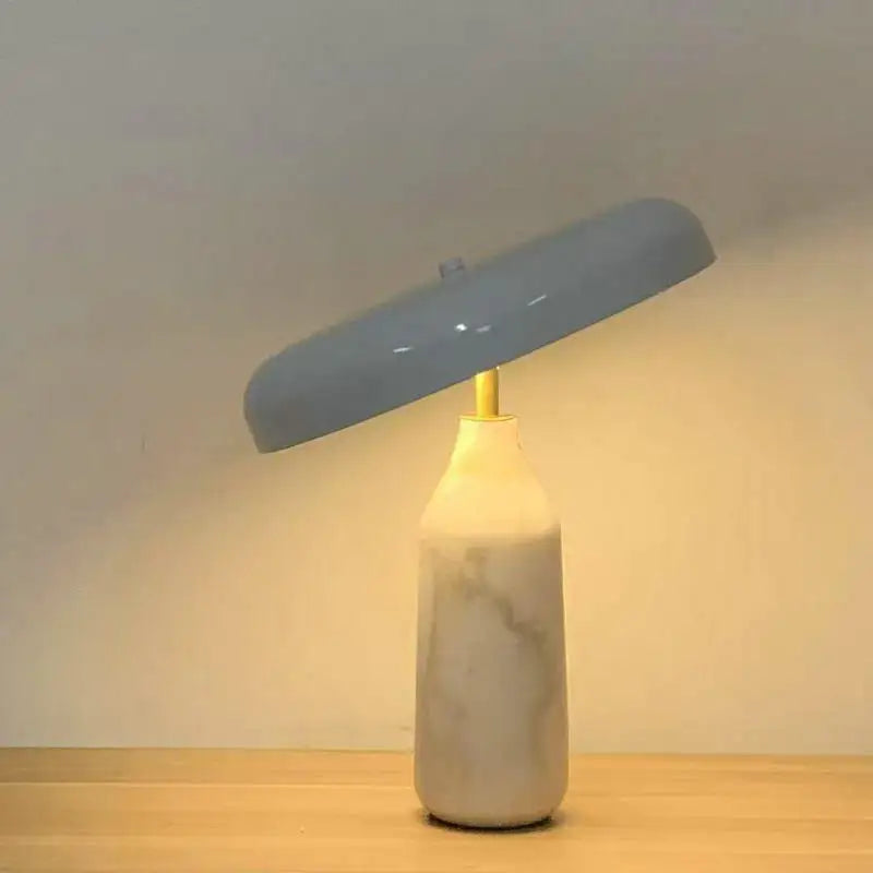 White Marble Column Table Lamp, Grey Angled Disc Shade, Brass Collar, Touch Control, Battery Powered, Bedside & Console