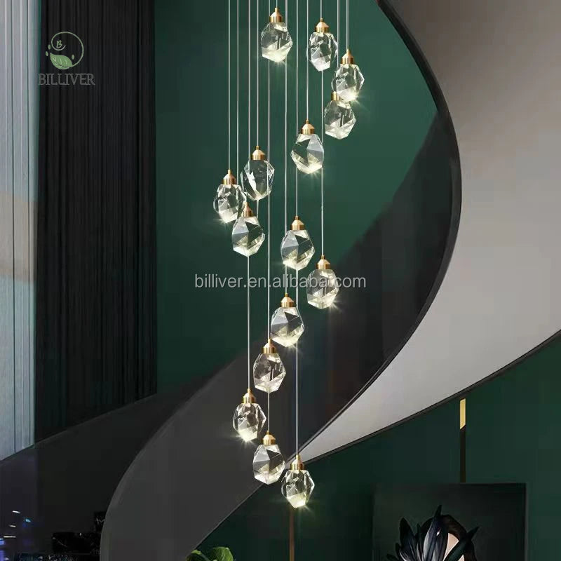 Faceted Crystal Cluster Pendant Light, 5 Heads on a Brass Canopy, 150 x 30cm, Fine Cable Suspension, Living Room & Stairwell