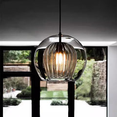 Ribbed Amber Smoked Glass Globe Pendant Light, Brass Cap on Braided Cable, 20cm, Bulb Not Included, Kitchen Island, Dining Table & Bedside