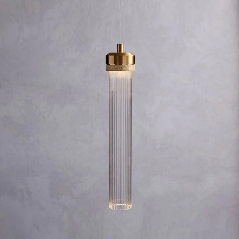 Fluted Clear Glass Cylinder Pendant Light, Chrome Cap Finish, Black Cable Suspended, Contemporary Style, Kitchen Island & Hallway