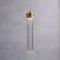 Fluted Clear Glass Cylinder Pendant Light, Chrome Cap Finish, Black Cable Suspended, Contemporary Style, Kitchen Island & Hallway