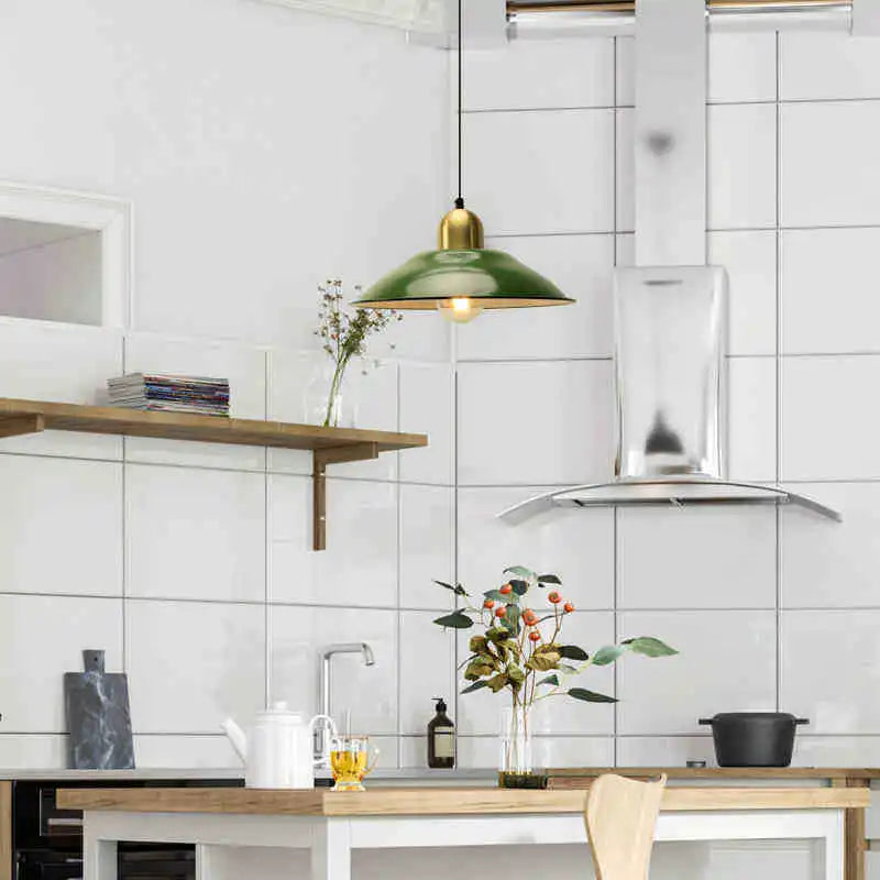 Glazed Green Enamel 35cm Dome Pendant Light, Brass Cap and Brass-Lined Interior, Exposed Bulb, Kitchen Island & Dining Table