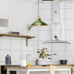 Glazed Green Enamel 35cm Dome Pendant Light, Brass Cap and Brass-Lined Interior, Exposed Bulb, Kitchen Island & Dining Table