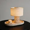 Travertine Marble Column Table Lamp, Natural Linen Drum Shade, Individually Veined Stone, Living Room, Bedroom & Console