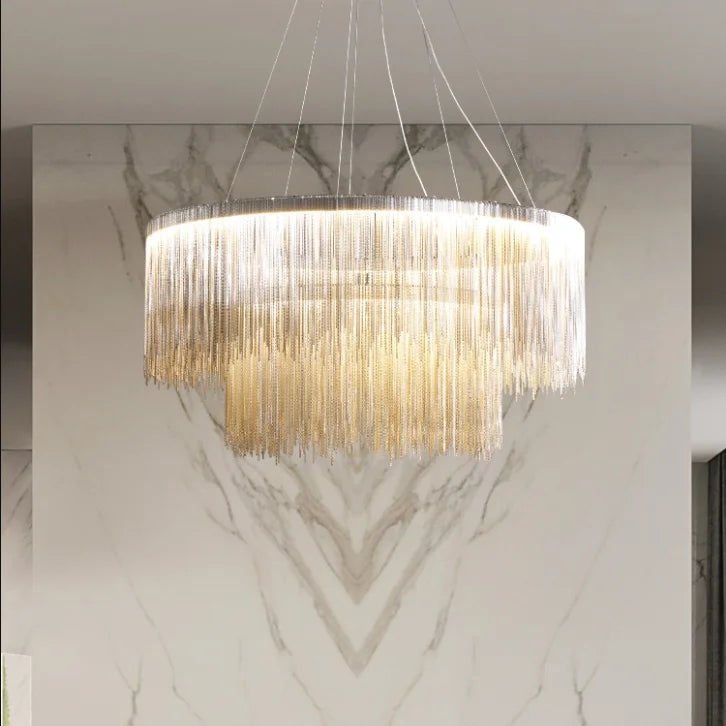 Rose Gold Chain Fringe Tiered Chandelier, Mini Two Tier Cascade over a Silver Drum Frame, Dining Room and Living Room