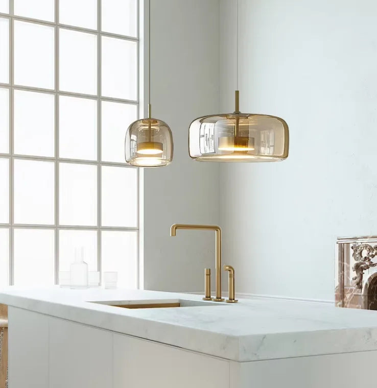 Amber Glass Drum Pendant Light, 23cm Shade, Brushed Brass Ring Fitting, Cord Suspended, Dining Table & Kitchen Island