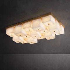 Marbled Alabaster Cube Flush Ceiling Light, 12 Light Grid of Glowing Blocks in a Brass Frame, Dining Room, Living Room & Hallway