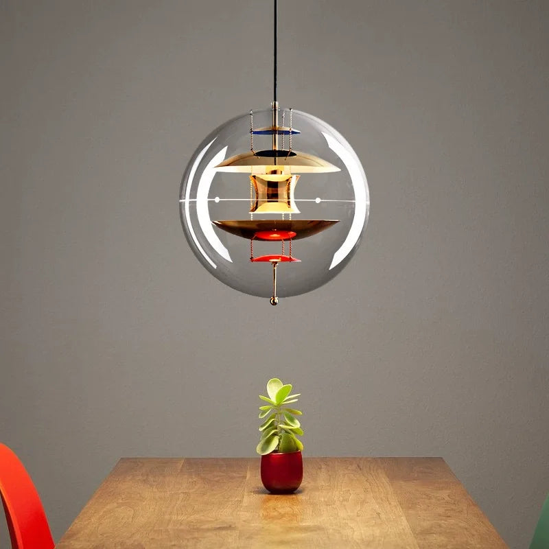 Clear Glass Sphere Pendant Light, Chrome Inner Discs with Colour Accents, Danish Design Silhouette, Dining Table