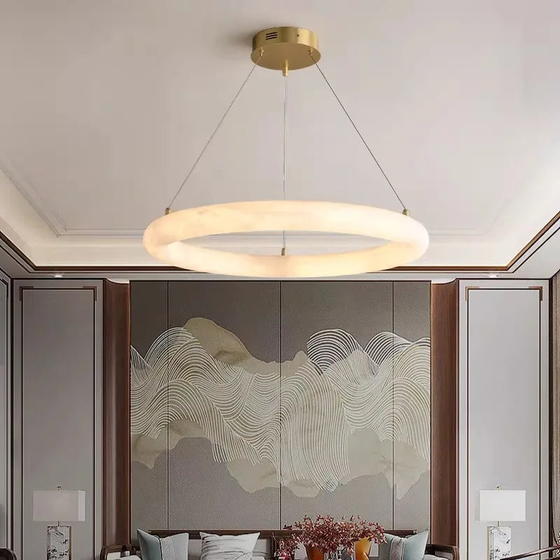 Textured Cream Plaster Ring Pendant Light, 600 Torus Form, Brass Wire Suspension, Contemporary Style, Dining Room & Stairwell