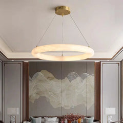 Textured Cream Plaster Ring Pendant Light, 600 Torus Form, Brass Wire Suspension, Contemporary Style, Dining Room & Stairwell