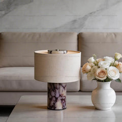 Rosso Levanto Marble Column Table Lamp, Natural Linen Drum Shade, Individually Veined Stone, Living Room, Bedroom & Console