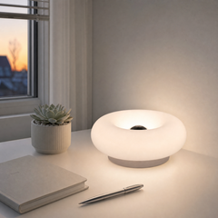 White Opal Glass Ring Touch Table Lamp, Donut Silhouette, Colour Changing Ambient Glow, Remote Control, Plug-In, Bedside & Living Room