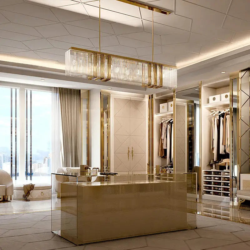 Faceted Crystal Linear Rectangular Chandelier, 200 Centimetre Run, Slim Gold Frame, Dining Table & Kitchen Island