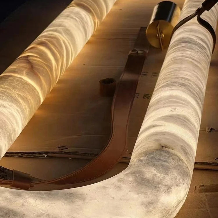 Alabaster Ring Chandelier, 100cm Oval in Natural Stone on Tan Leather Straps, Brass Canopy, Dining Table & Living Room