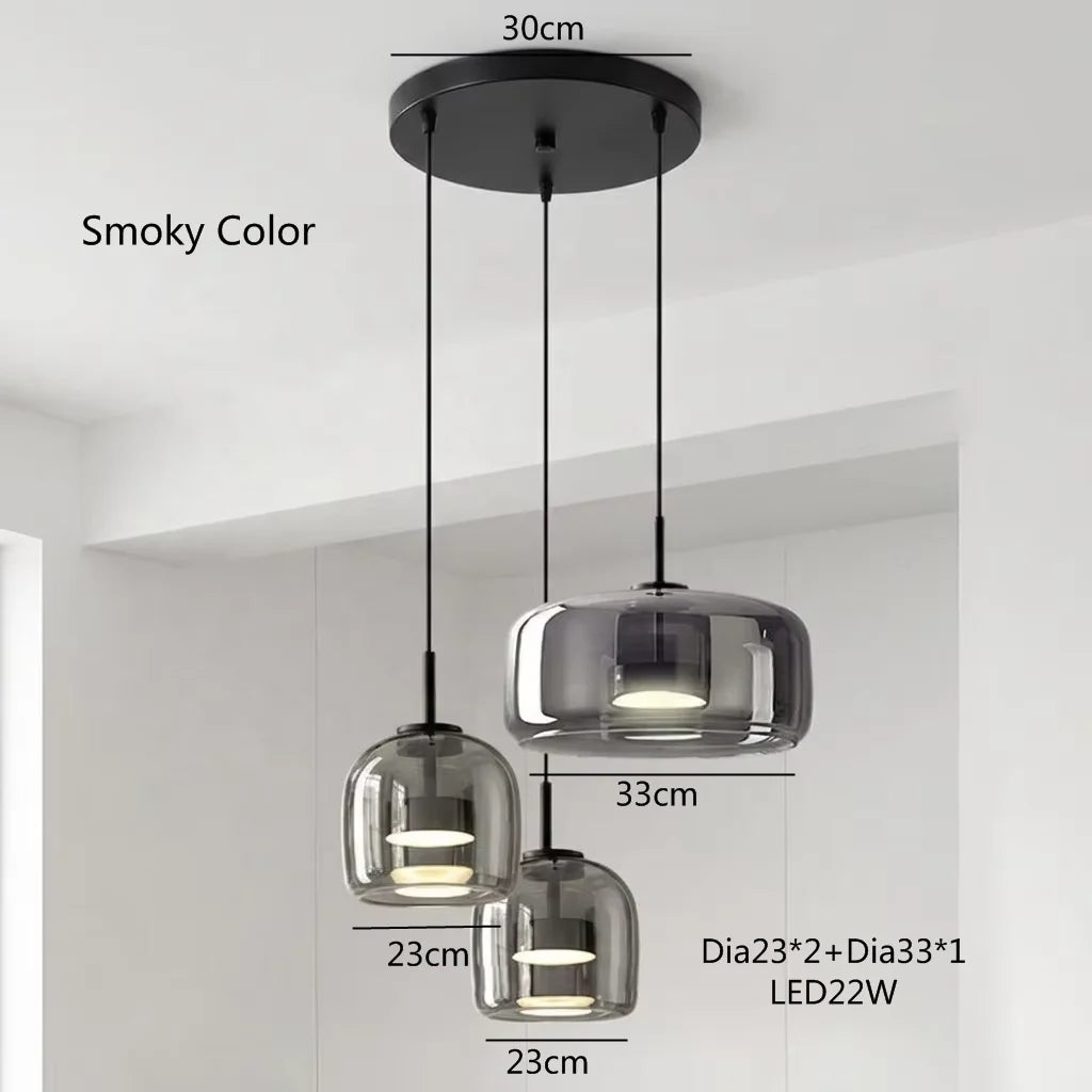 Amber Glass Drum Cluster Pendant Light, Three Light, Brushed Brass Diffuser Disc, Kitchen Island & Dining Table