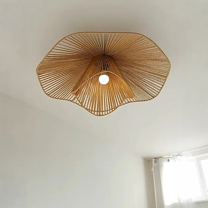 Woven Rattan Flower Flush Ceiling Light, 80cm Natural Petal Shade over an Integrated LED, Dining Room and Bedroom