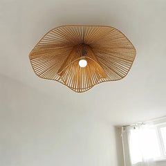 Woven Rattan Flower Flush Ceiling Light, 80cm Natural Petal Shade over an Integrated LED, Dining Room and Bedroom