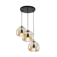 Amber Glass Globe Pendant Light, 3 Light Disc Cluster, Matt Black Disc, Staggered Drop, Dining Table & Kitchen Island
