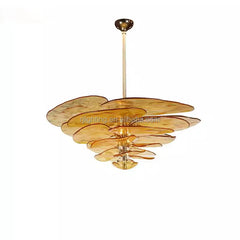 Sculptural Clear Textured Glass Petal Cluster Chandelier, Layered Radiating Panels, Brass Stem, Dining Room & Stairwell