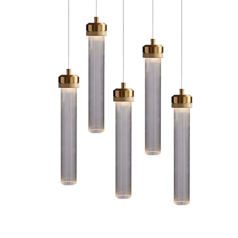 Fluted Clear Glass Cylinder Pendant Light, Chrome Cap Finish, Black Cable Suspended, Contemporary Style, Kitchen Island & Hallway