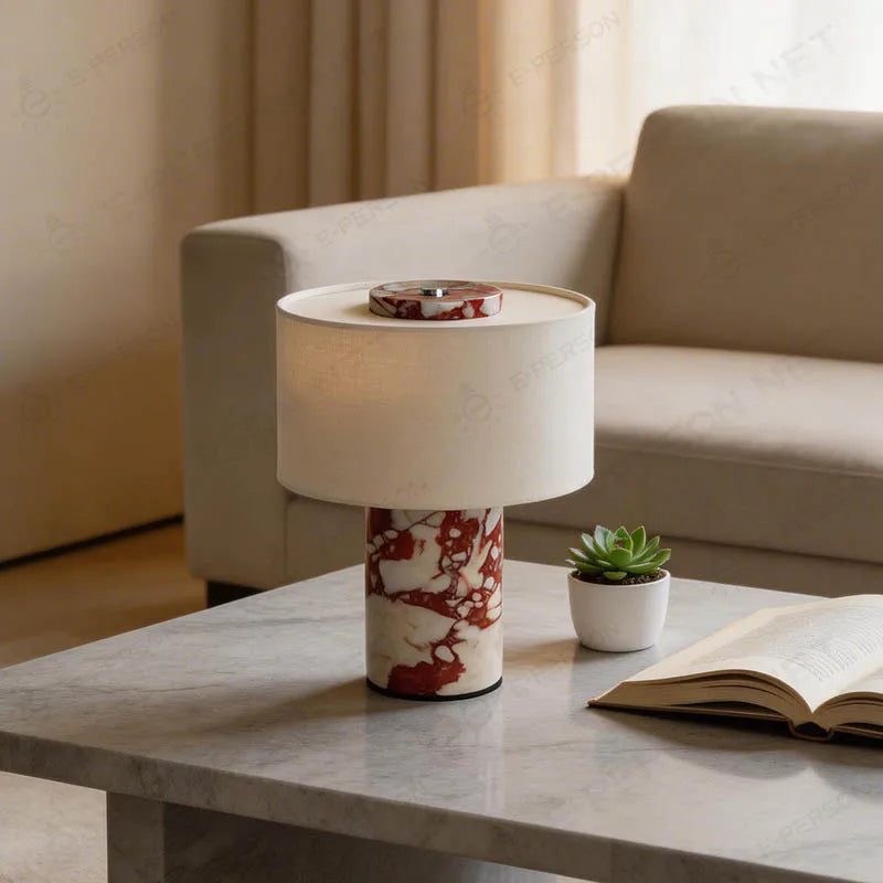 Red Marbled Stone Drum Table Lamp, Cream Linen Shade, Polished Cylinder Base, Bedside & Living Room Console Table
