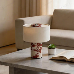 Red Marbled Stone Drum Table Lamp, Cream Linen Shade, Polished Cylinder Base, Bedside & Living Room Console Table