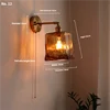 Faceted Glass Cube Wall Light, Amber Finish, Brushed Brass Gooseneck Arm, Pull Cord Switch, Bedroom, Hallway & Living Room