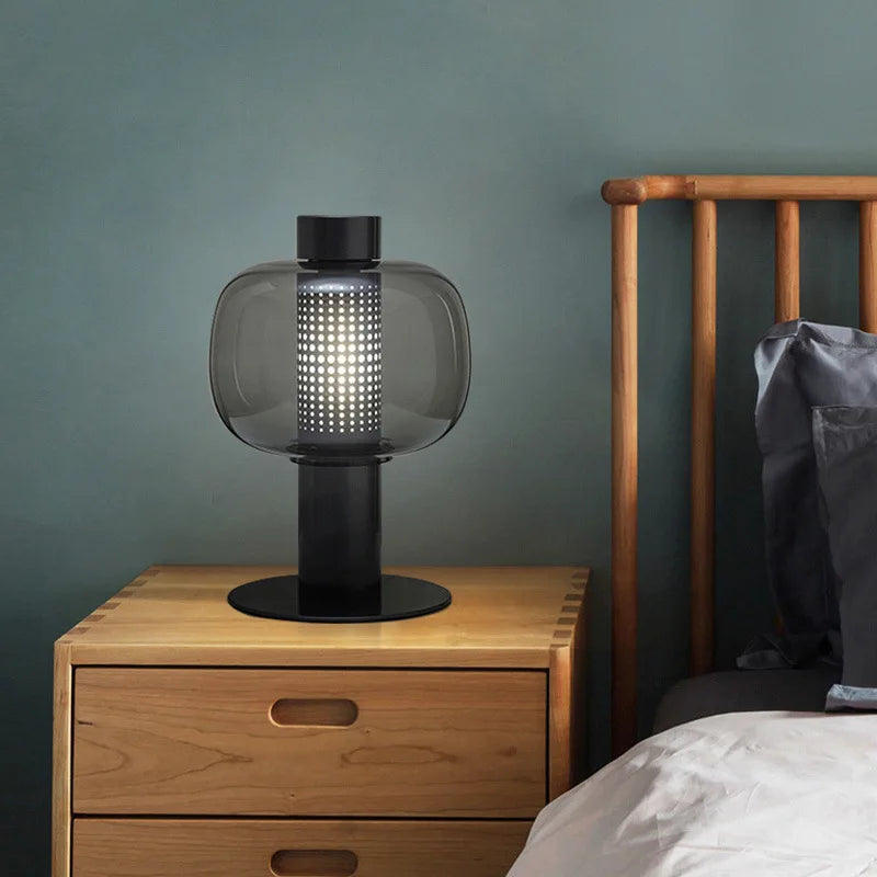 Smoked Glass Drum Table Lamp, Perforated Metal Diffuser, Slim Column Base, Living Room, Home Office & Bedside