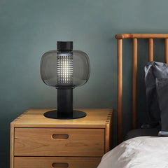Smoked Glass Drum Table Lamp, Perforated Metal Diffuser, Slim Column Base, Living Room, Home Office & Bedside