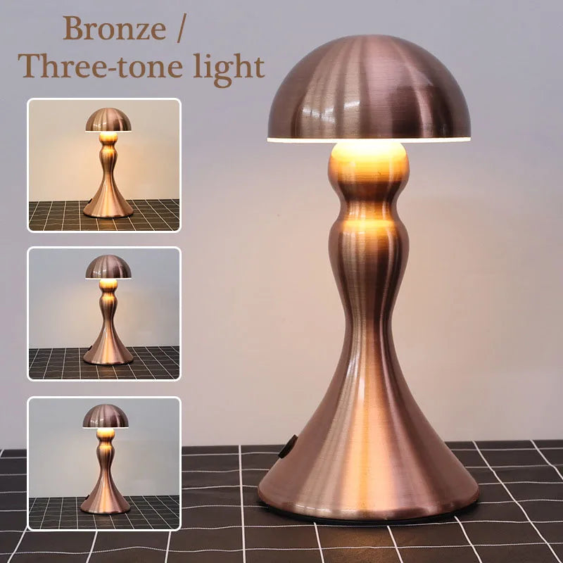 Bronze Dome Table Lamp, Turned Hourglass Column Stem, Trumpet Foot, Rechargeable Touch Control, Bedside & Console