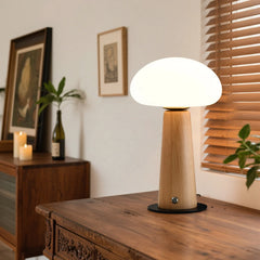 Opal Glass Dome Table Lamp, Tapered Solid Wood Column, Touch Control, Dark Walnut Finish, Bedside & Console, Home Office