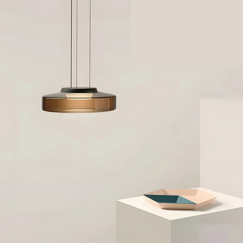 Smoked Amber Glass Disc Pendant Light, Integrated LED Ring, Black Cord Suspension, Dining Table, Kitchen Island & Home Office
