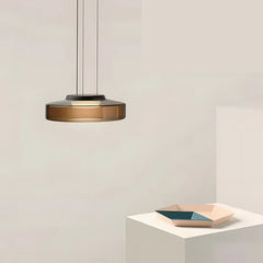 Smoked Amber Glass Disc Pendant Light, Integrated LED Ring, Black Cord Suspension, Dining Table, Kitchen Island & Home Office