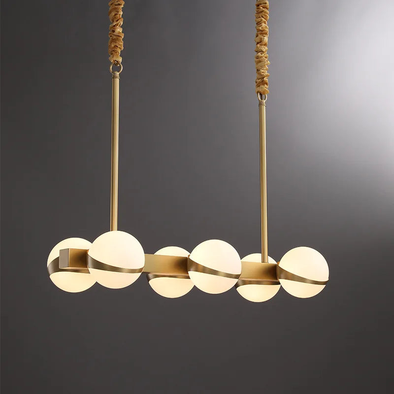 Opal Glass Globe Linear Bar Chandelier, Bisected Brass Frame, 10 Lights, Rope Hung, Dining Room & Living Room