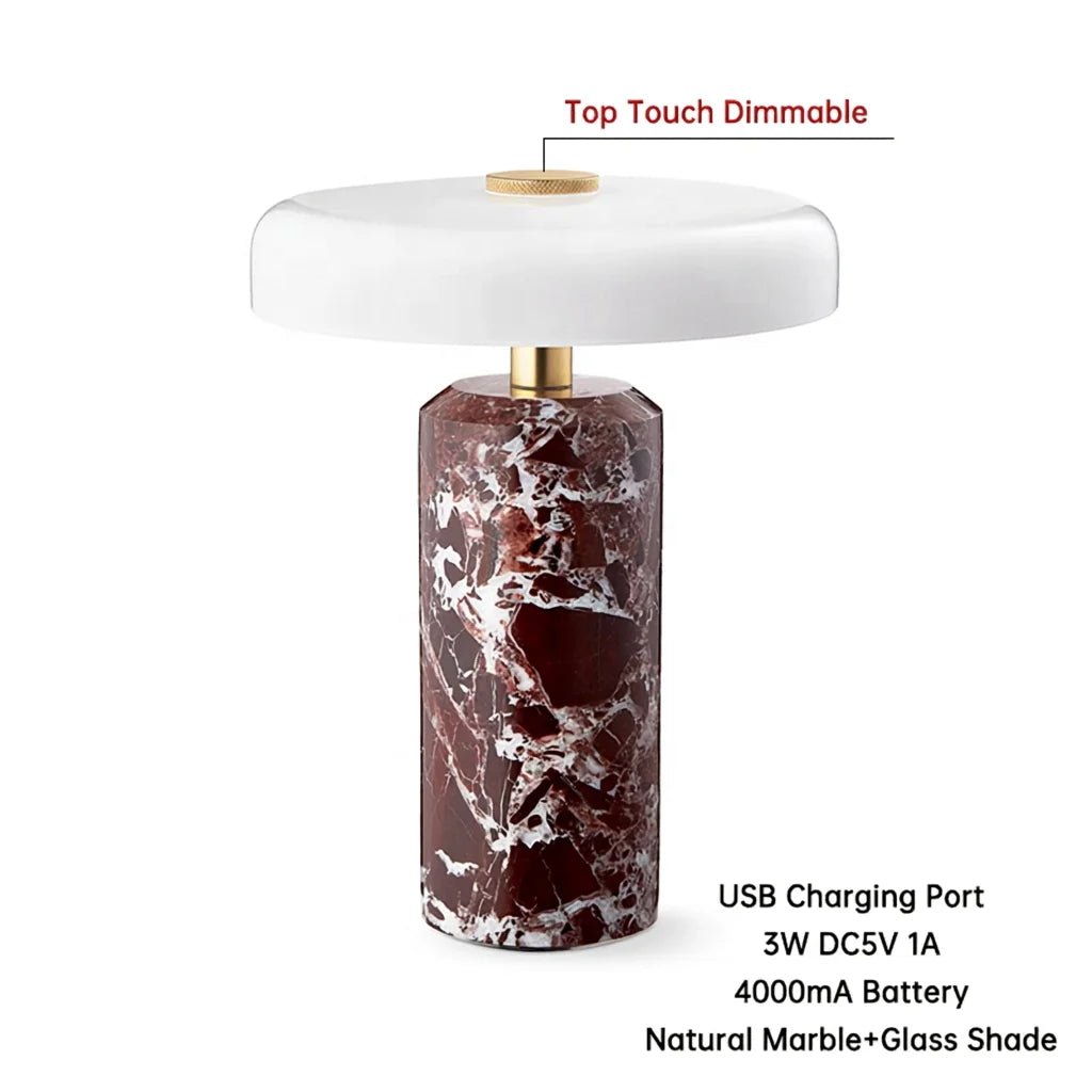 Marble Dome Table Lamp, Opal Glass Disc Shade, Brass Touch Control, White Finish, Rechargeable, Bedside & Living Room
