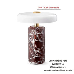 Marble Dome Table Lamp, Opal Glass Disc Shade, Brass Touch Control, White Finish, Rechargeable, Bedside & Living Room
