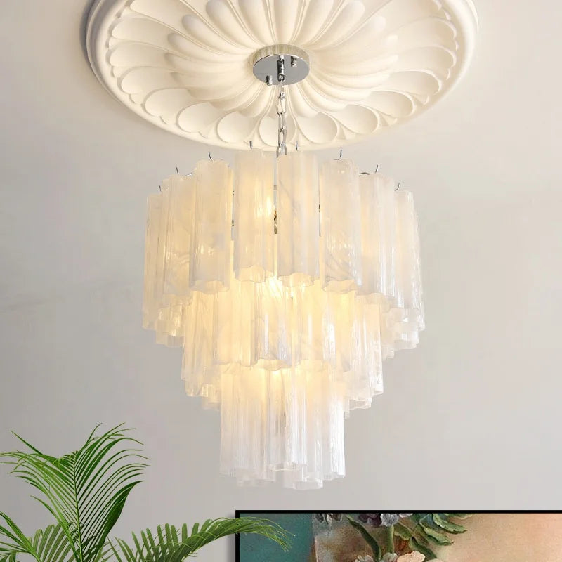 Fluted White Opal Glass Tiered Chandelier, Chrome Chain Suspension, Three-Tier Silhouette, 50cm, Dining Room & Living Room