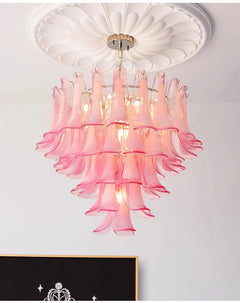 Pink Tiered Glass Petal Chandelier, 120x120x180cm Layered Frosted Shades, Polished Chrome Frame, Dining Room & Living Room