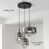Smoked Grey Glass Drum Cluster Pendant Light, Three Light, Brushed Brass Diffuser Disc, Kitchen Island & Dining Table