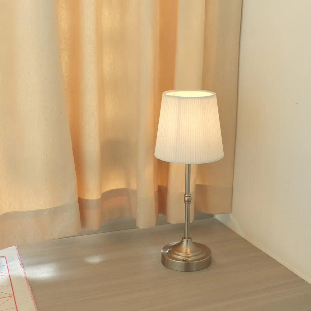 Pleated Fabric Cone Table Lamp, Brushed Nickel Stem, Rechargeable Cordless Light, Bedside & Living Room Table