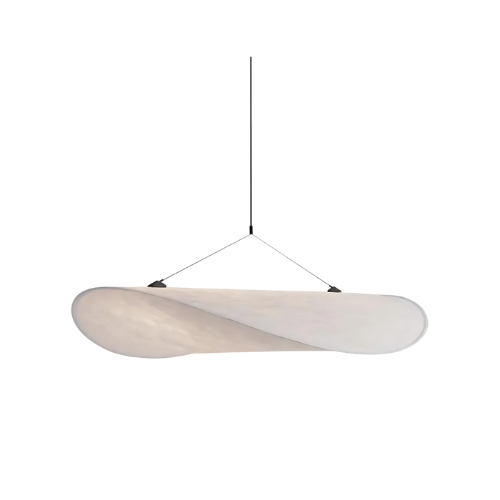 Sculptural Ellipse Pendant Light, Ivory Fabric Shade on Black Cables, Twisted Silhouette, Dining Table & Living Room
