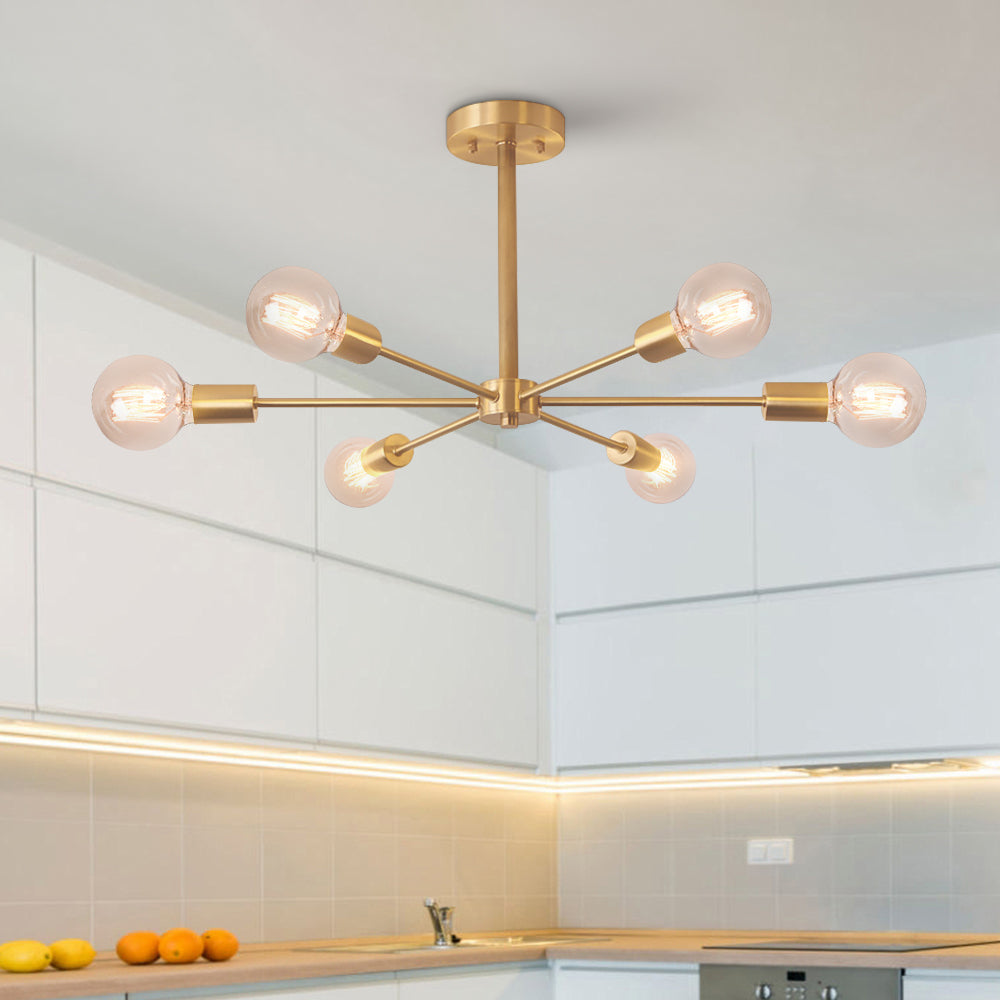 Mid-Century Sputnik Brass Semi Flush Mount Chandelier
