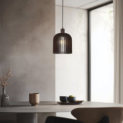 Rift Slatted Wooden Small Cone Pendant Light - Dark