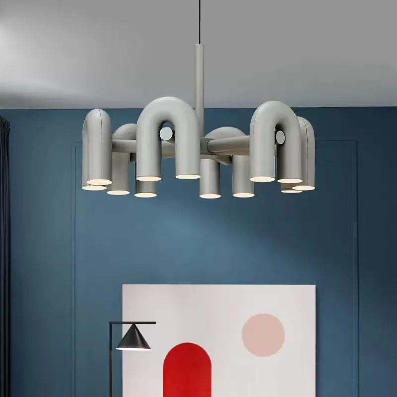 Matt Steel Arched Tube Chandelier, Grey Finish, 4 Radiating Arms, Integrated LED, Dining Room, Living Room & Home Office