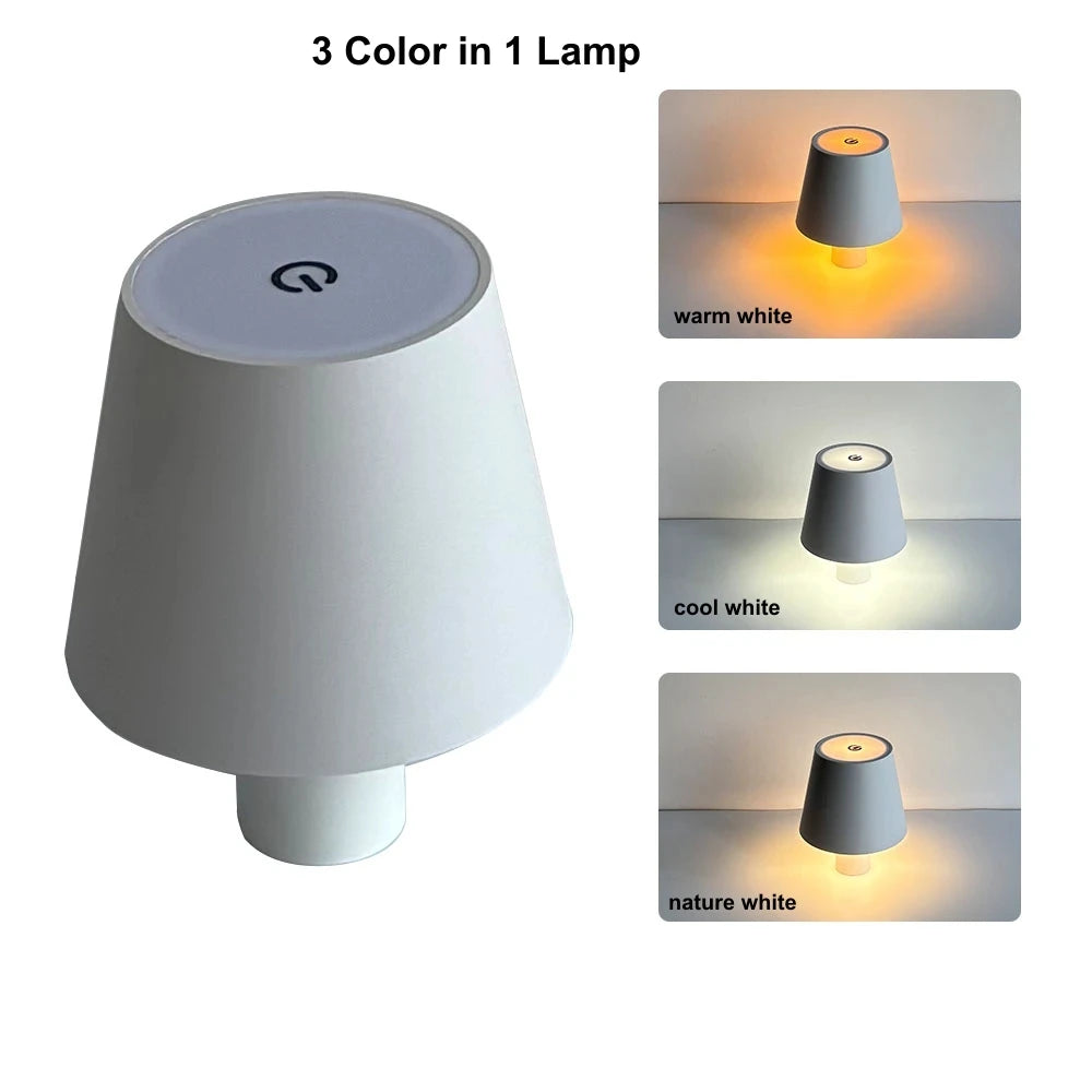 Cone Shade Table Lamp, Touch Control, Three Light Settings for Bedside, USB Rechargeable