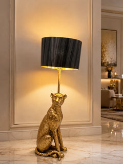 Polished Gold Leopard Floor Lamp, Large Pleated Black Drum Shade, Sculptural Animal Base, Living Room & Hallway Corner