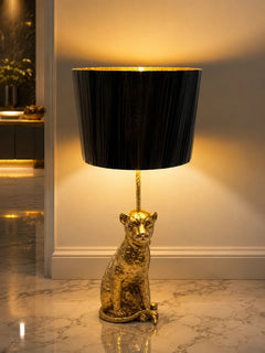 Polished Gold Leopard Floor Lamp, Large Pleated Black Drum Shade, Sculptural Animal Base, Living Room & Hallway Corner